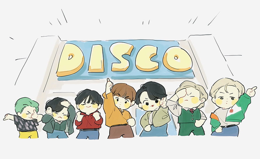BTS Chibi Fanart Illustration With Disco Sign And Cute Character Poses HD wallpaper