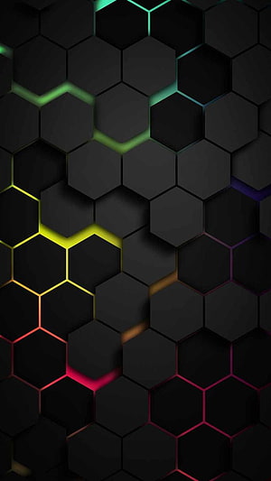 Dark Hexagonal Grid Pattern with Neon Color Accents HD phone wallpaper