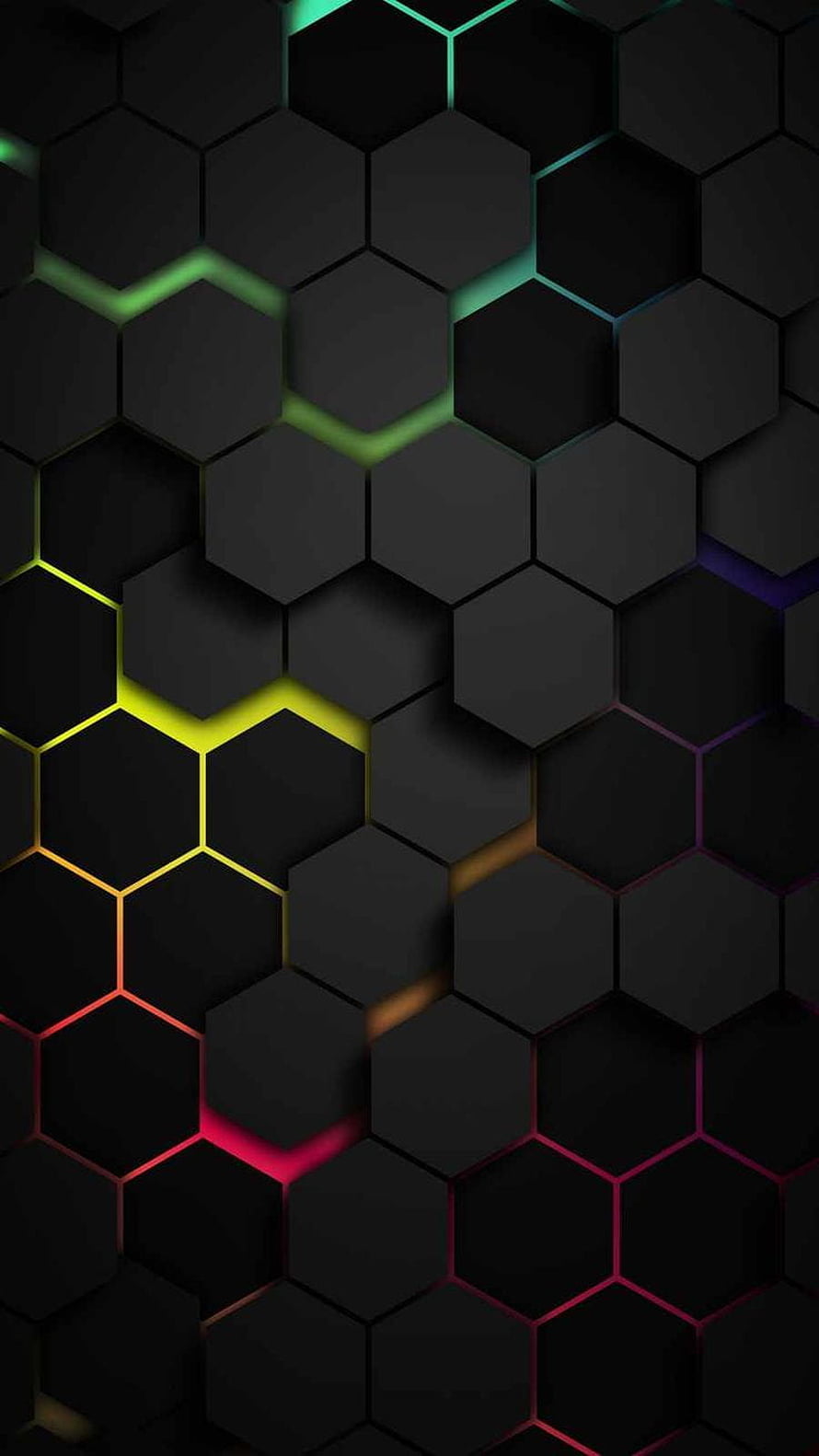 Dark Hexagonal Grid Pattern with Neon Color Accents HD phone wallpaper