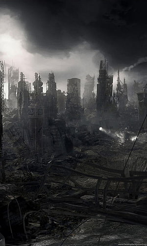 Dark Post-Apocalyptic Cityscape with Ruined Skyscrapers and Stormy Sky HD phone wallpaper