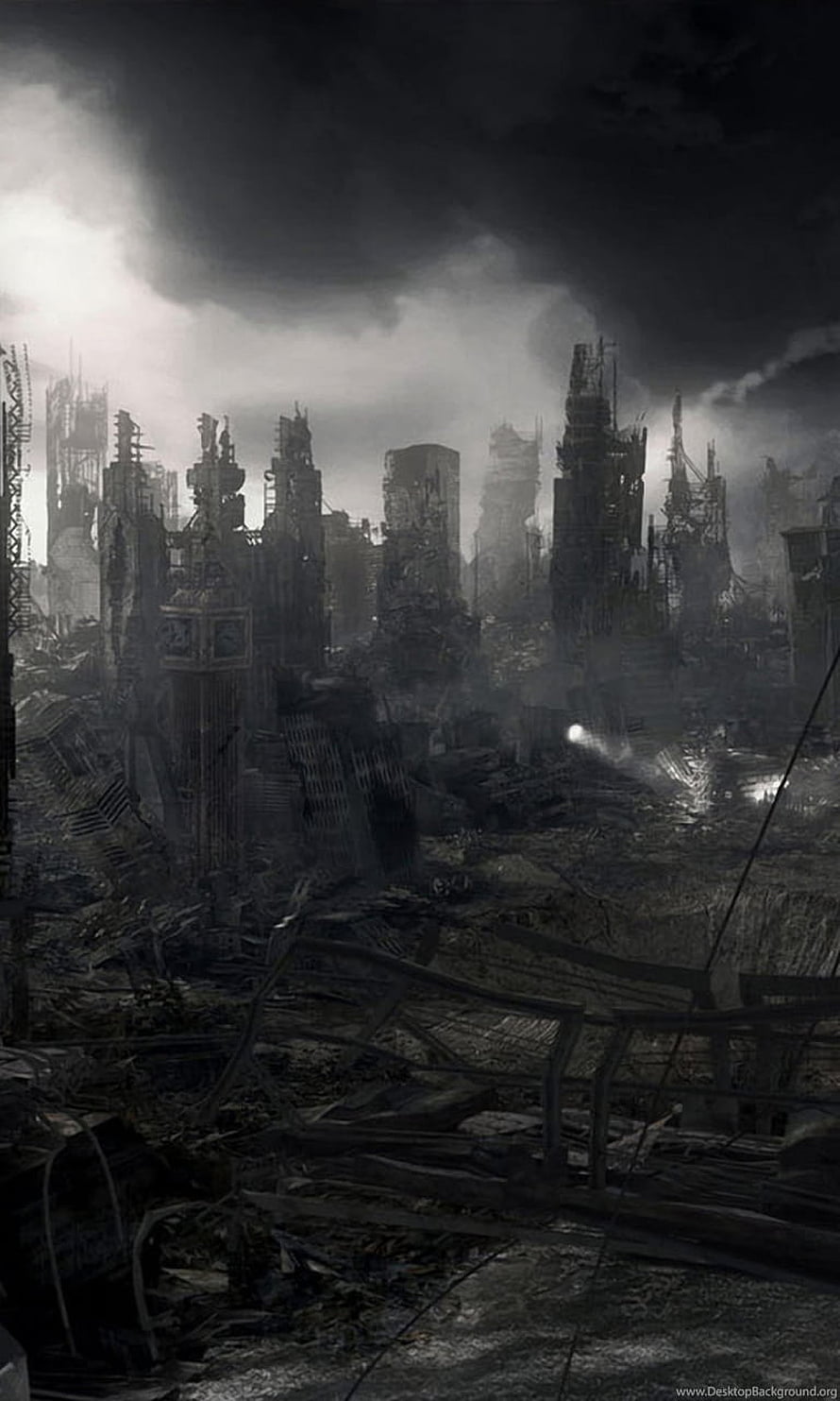 Dark Post-Apocalyptic Cityscape with Ruined Skyscrapers and Stormy Sky HD phone wallpaper