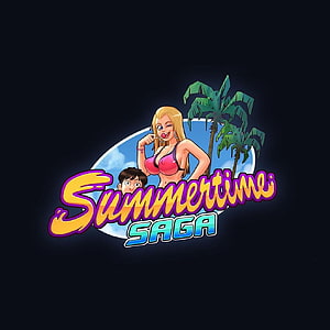 Summertime Saga Logo with Cartoon Characters and Tropical Palm Trees on Dark Background HD phone wallpaper