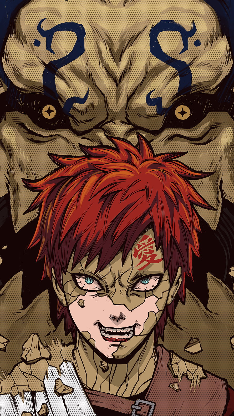 Gaara from Naruto Shippuden with cracked sand mask and red hair in dramatic anime illustration HD phone wallpaper