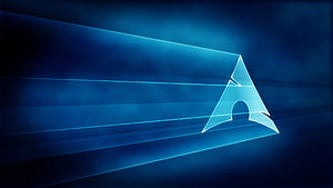 Arch Linux Minimalist Geometric Logo with Glowing Blue Light Trails on Dark Background HD wallpaper
