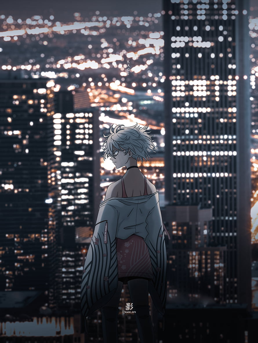 Senju Kawaragi from Tokyo Revengers Standing Before a Glowing City Skyline at Night HD phone wallpaper