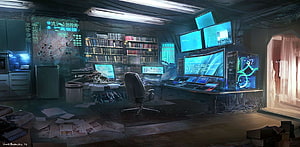Cyberpunk Hacker Room with Multiple Monitors and Neon Lighting HD wallpaper