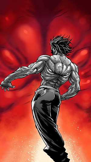 Yujiro Hanma from Baki in Dynamic Action Pose with Red Energy Background HD phone wallpaper