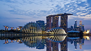 Marina Bay Sands and Gardens by the Bay Singapore Skyline at Dusk HD wallpaper