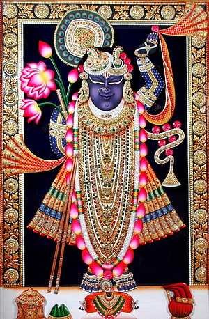 Lord Krishna Shrinathji Temple Artwork with Lotus and Ornate Jewelry HD phone wallpaper
