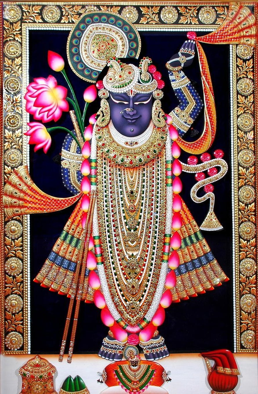 Lord Krishna Shrinathji Temple Artwork with Lotus and Ornate Jewelry HD phone wallpaper