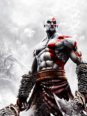 Kratos from God of War 3 with red war paint and Blades of Chaos in a stormy landscape HD phone wallpaper