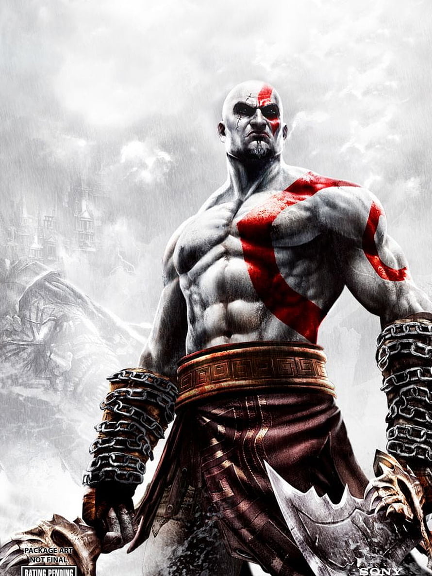 Kratos from God of War 3 with red war paint and Blades of Chaos in a stormy landscape HD phone wallpaper