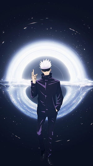 Gojo Satoru from Jujutsu Kaisen Standing Before a Cosmic Black Hole HD phone wallpaper
