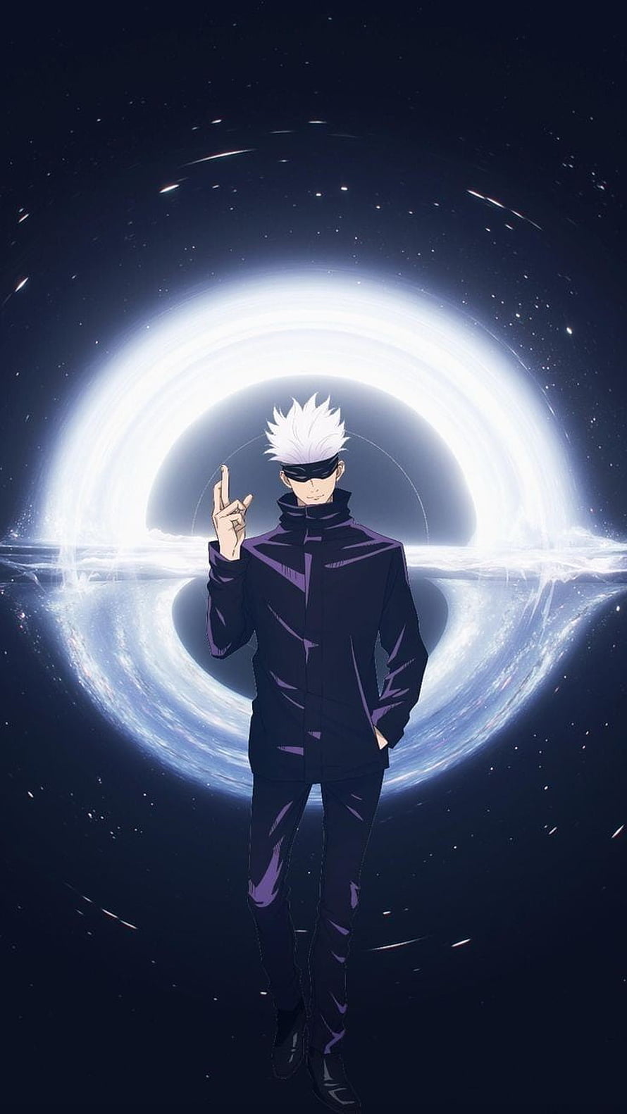 Gojo Satoru from Jujutsu Kaisen Standing Before a Cosmic Black Hole HD phone wallpaper