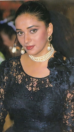 Madhuri Dixit in Black Lace Gown with Pearl Necklace and Earrings HD phone wallpaper