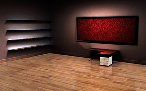 Modern Minimalist Living Room With Wall Shelves And Red Accent Desk HD wallpaper