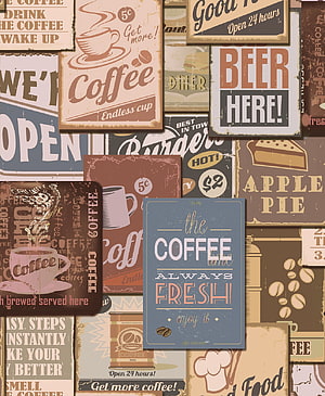 Retro Coffee Shop Signage Collage with Vintage Diner Typography and Distressed Textures HD phone wallpaper