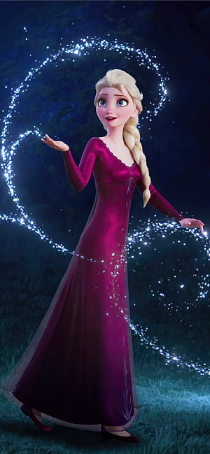 Elsa from Frozen in a Magenta Gown with Glowing Ice Magic in a Dark Forest HD phone wallpaper