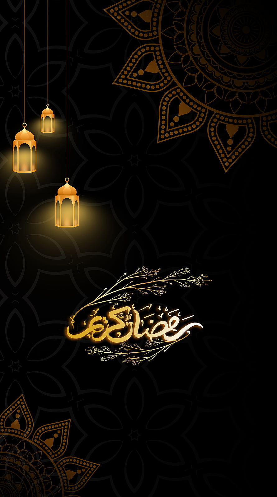 Elegant Ramadan Kareem Calligraphy with Hanging Lanterns and Islamic Geometric Patterns HD phone wallpaper