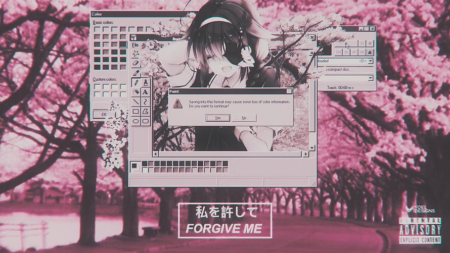 Vaporwave Aesthetic Anime Girl in Retro Paint Program with Cherry Blossoms HD wallpaper
