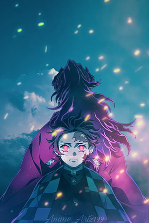 Tanjiro Kamado and Muzan Kibutsuji in Demon Slayer with glowing embers and teal sky HD phone wallpaper