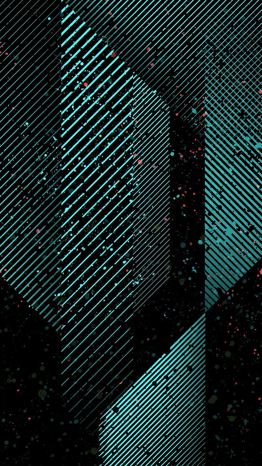 Abstract Geometric Diagonal Lines with Cyan and Red Splatter on Black Background HD phone wallpaper