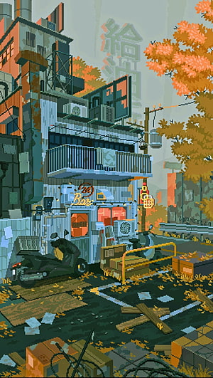 Pixel Art Urban Alley with Rusty Shop, Scooter, and Autumn Foliage HD phone wallpaper