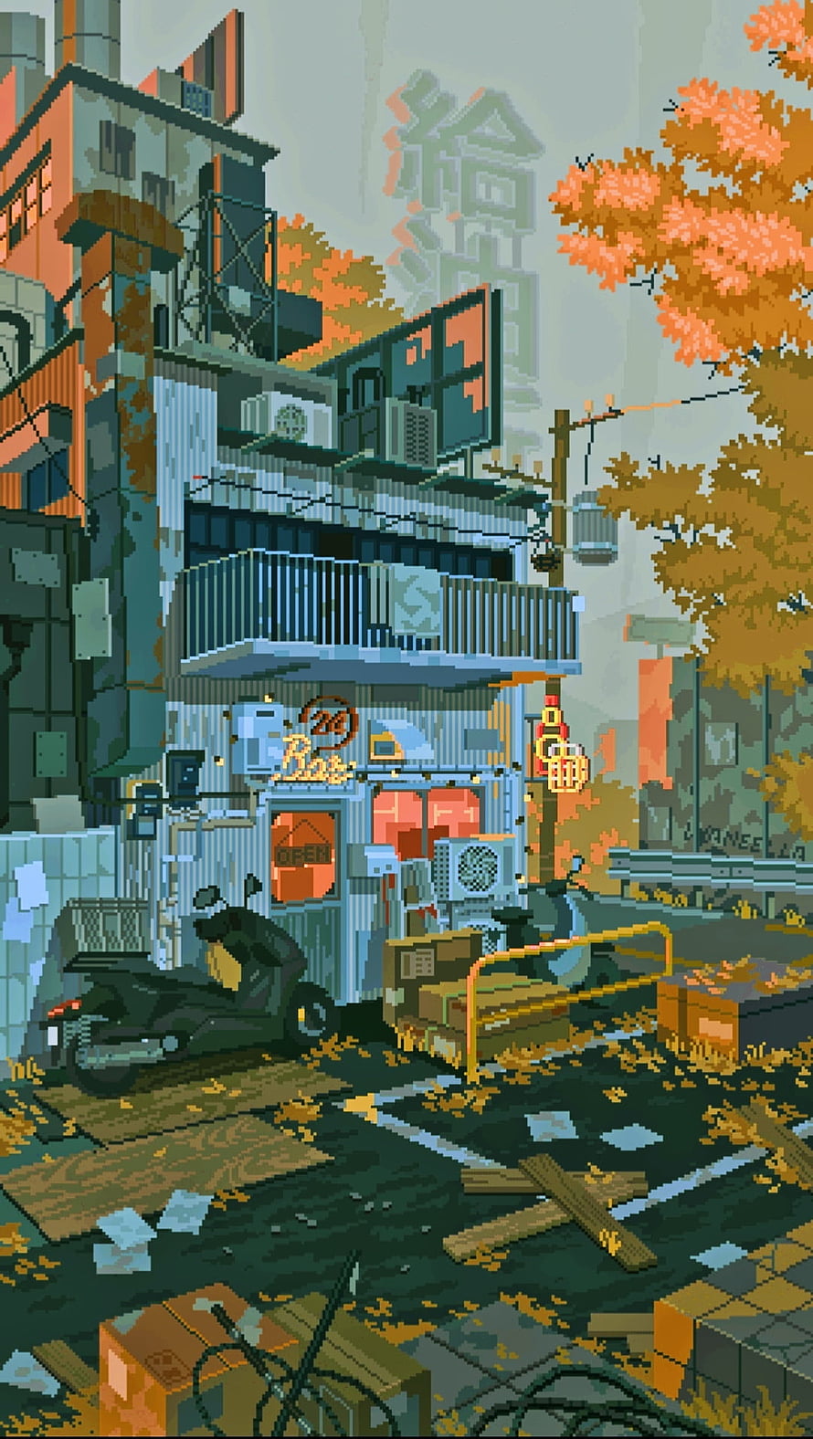 Pixel Art Urban Alley with Rusty Shop, Scooter, and Autumn Foliage HD phone wallpaper