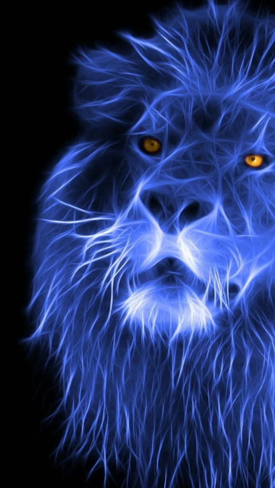 Glowing Blue Lion Portrait with Neon Fur and Intense Amber Eyes on Black Background HD phone wallpaper