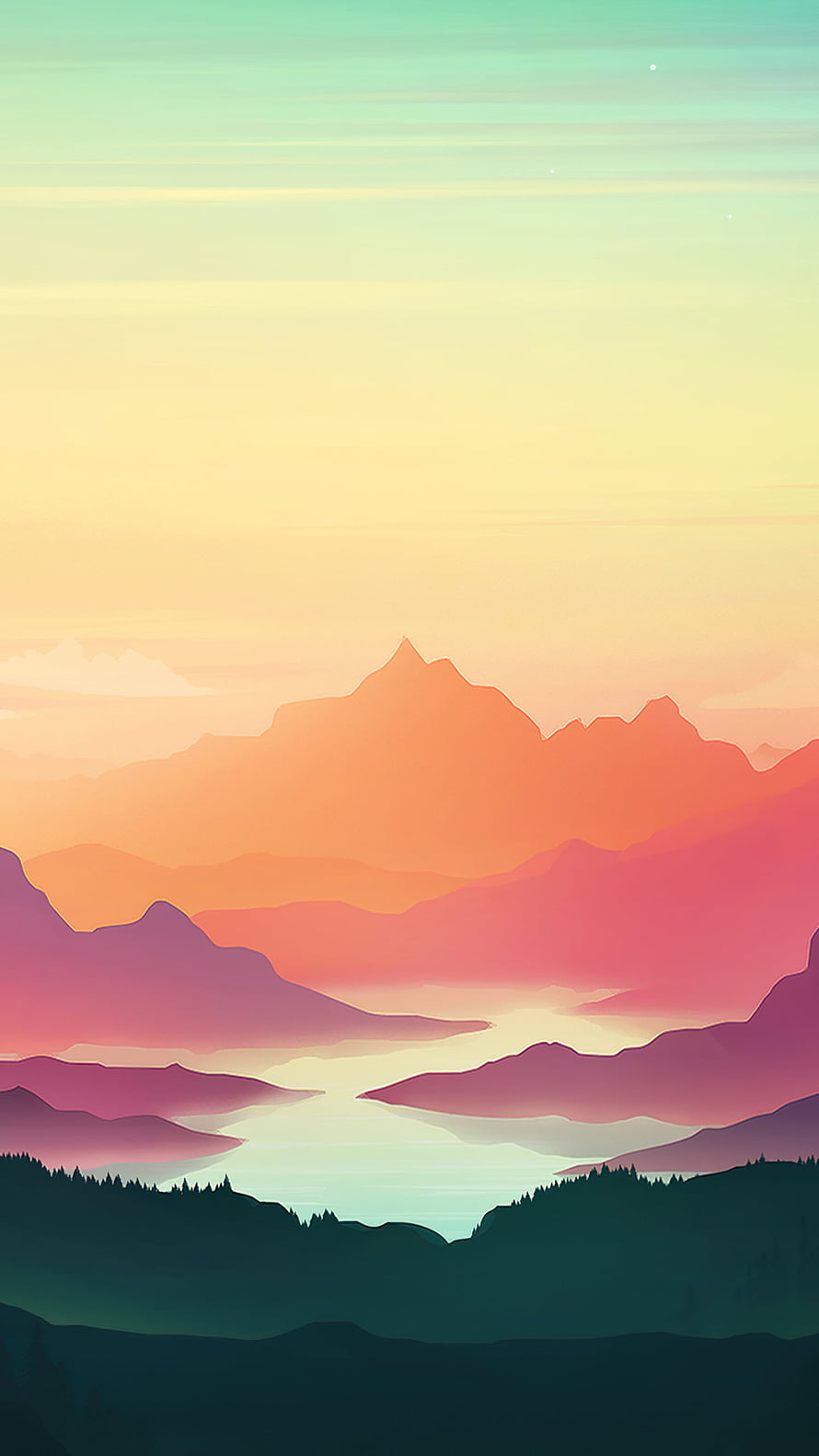 Pastel Gradient Mountain Landscape with Layered Peaks and Calm Valley at Dusk HD phone wallpaper