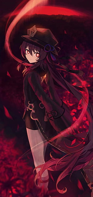 Hu Tao Anime Character in Dark Red Fantasy Setting with Glowing Eyes and Flowing Hair HD phone wallpaper
