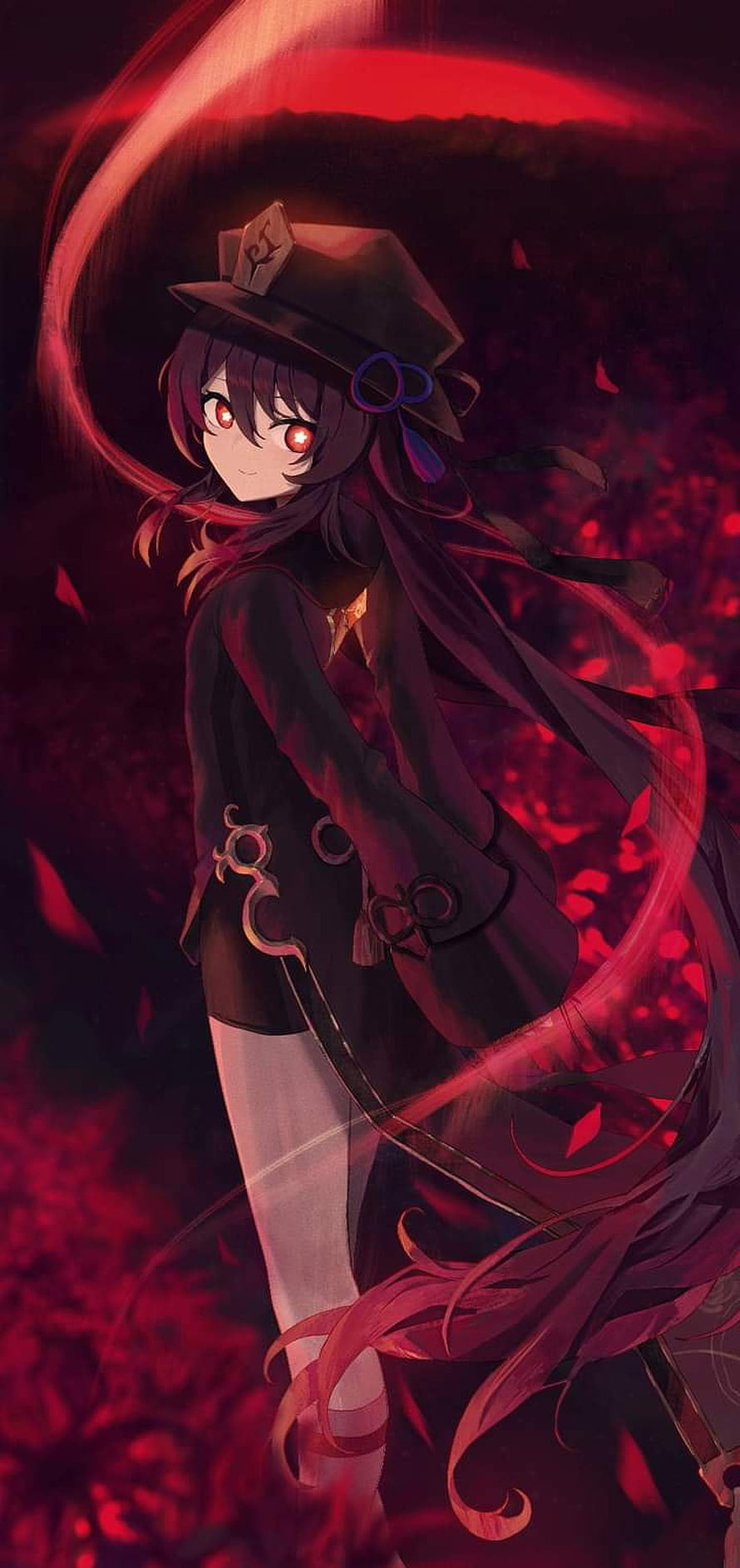 Hu Tao Anime Character in Dark Red Fantasy Setting with Glowing Eyes and Flowing Hair HD phone wallpaper