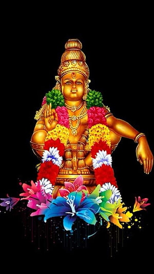 Ayyappan Swamy Golden Idol Adorned With Vibrant Flower Garlands On Black Background HD phone wallpaper