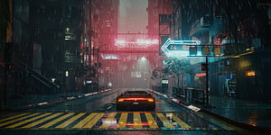 Cyberpunk City Street at Night with Neon Signs and Rainy Atmosphere HD wallpaper