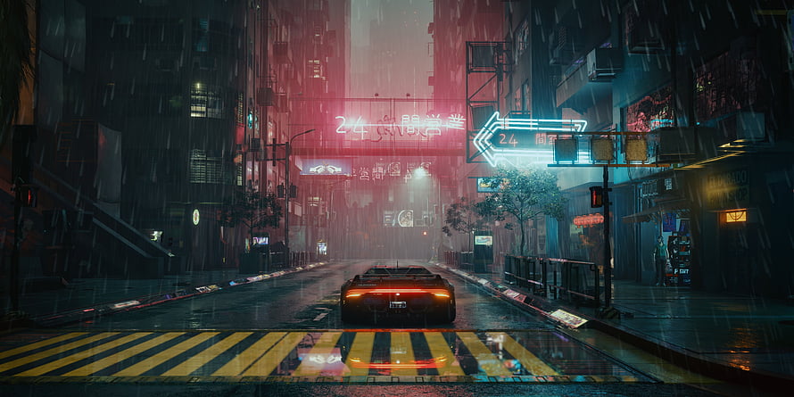Cyberpunk City Street at Night with Neon Signs and Rainy Atmosphere HD wallpaper