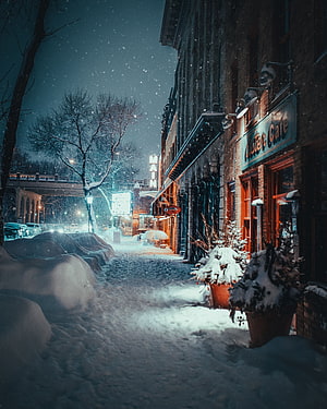 Snowy City Street at Night with Falling Snow and Illuminated Storefronts HD phone wallpaper