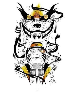 Naruto Uzumaki and Kyuubi Nine-Tailed Fox Ink Illustration HD phone wallpaper