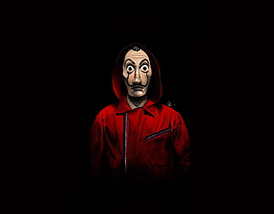 Money Heist Character in Red Hoodie and Salvador Dali Mask on Black Background HD wallpaper