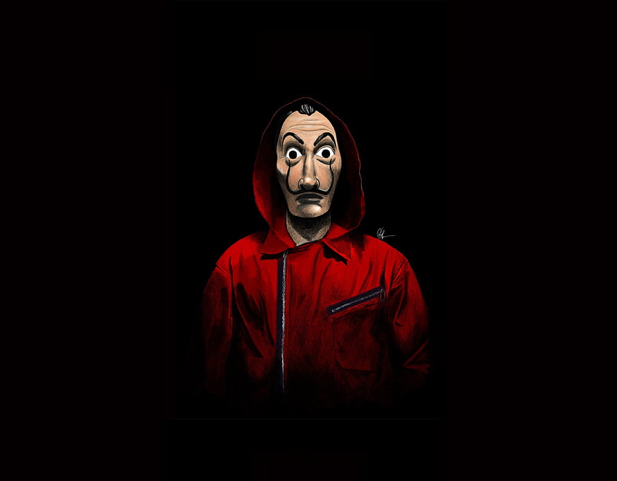 Money Heist Character in Red Hoodie and Salvador Dali Mask on Black Background HD wallpaper
