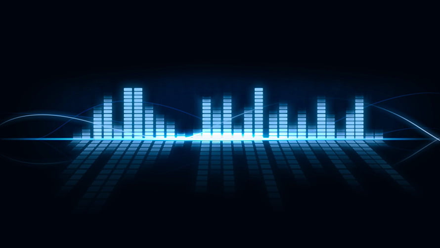 Glowing Blue Audio Equalizer Bars on Dark Background with Reflection and Wave Lines HD wallpaper