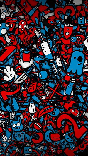 Dense Red and Blue Cartoon Graffiti Art with Doodle Elements HD phone wallpaper