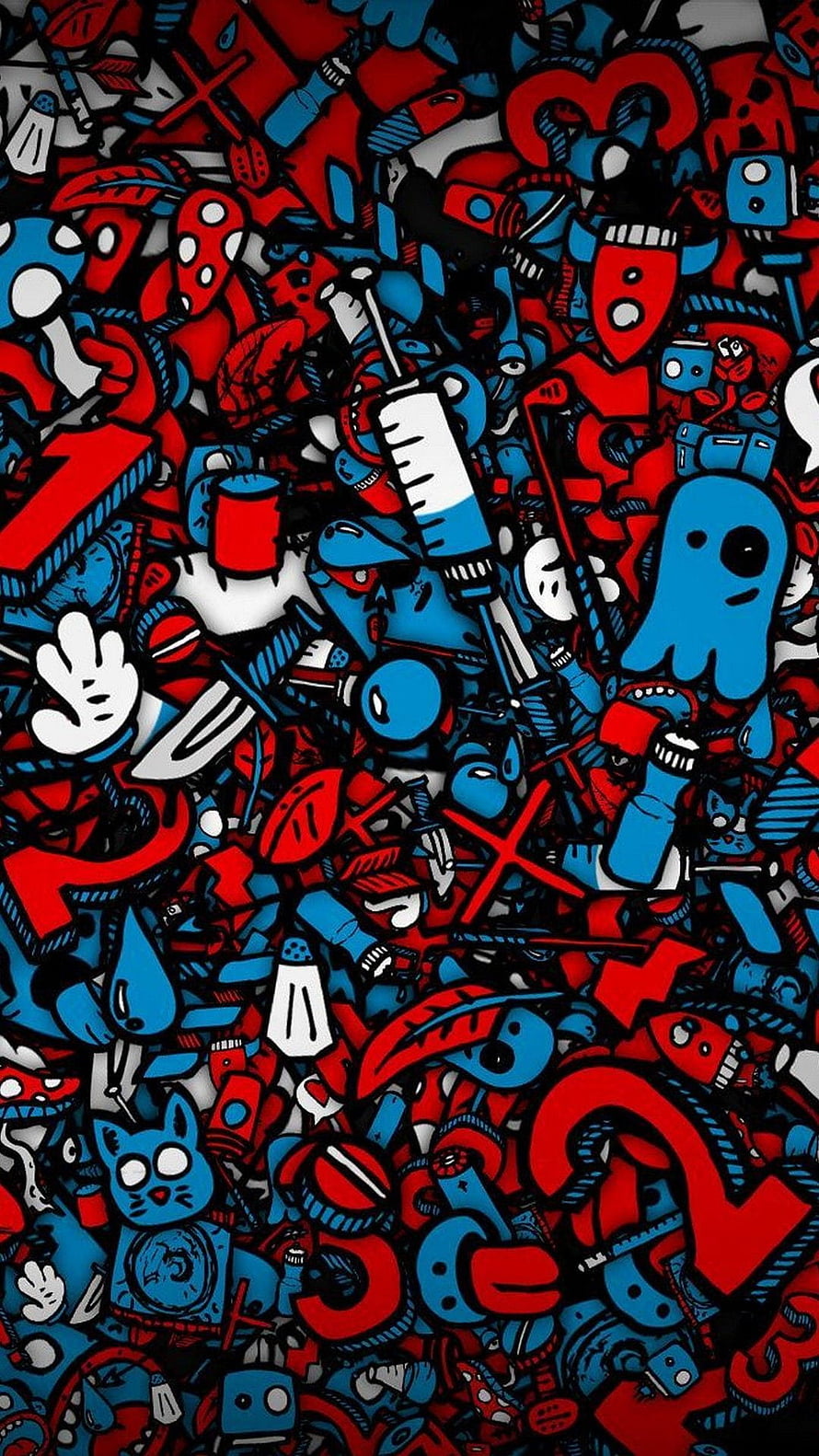 Dense Red and Blue Cartoon Graffiti Art with Doodle Elements HD phone wallpaper