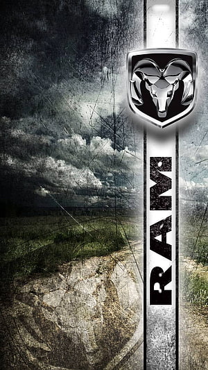 Dodge Ram Ram's Head Emblem on Grungy Gravel Road and Stormy Sky Background HD phone wallpaper