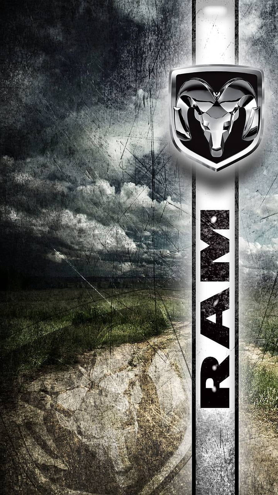 Dodge Ram Ram's Head Emblem on Grungy Gravel Road and Stormy Sky Background HD phone wallpaper
