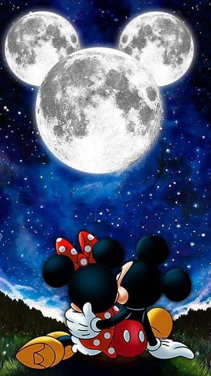 Mickey and Minnie Mouse Embracing Under a Triple Moon in a Starry Night Sky HD phone wallpaper