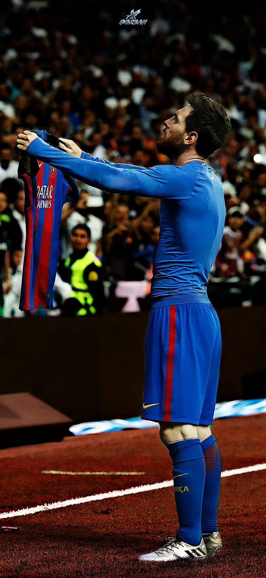 Lionel Messi in Barcelona Kit Holding PSG Jersey on the Pitch HD phone wallpaper