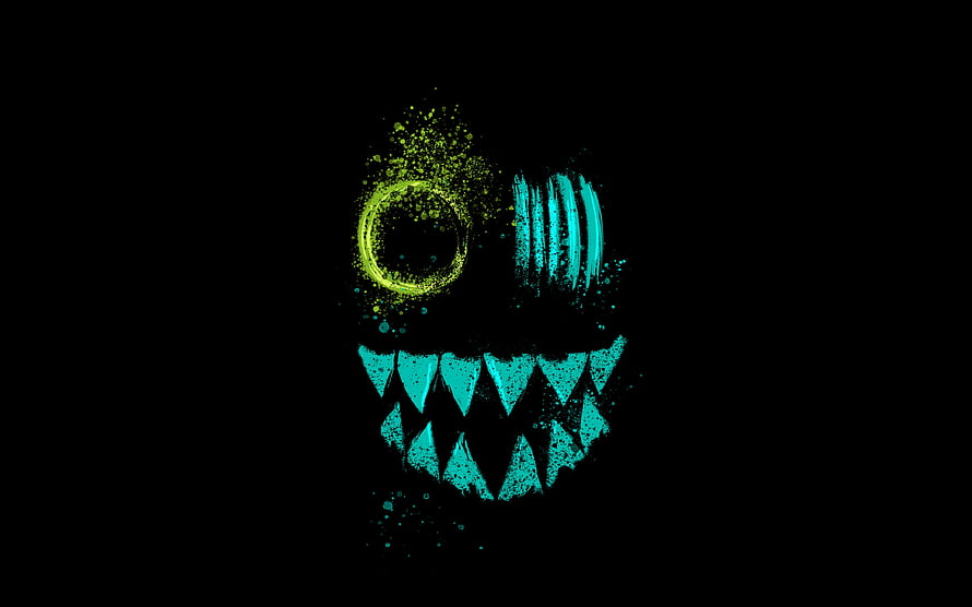 Grunge Neon Scary Face with Glowing Teeth and Splatter Effects on Black Background HD wallpaper