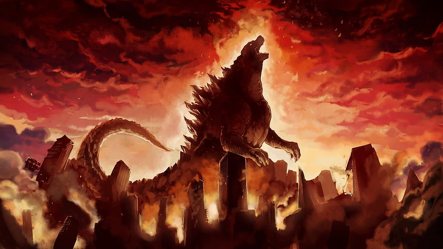 Godzilla Roaring Over a Burning Cityscape in Dramatic Digital Art HD wallpaper