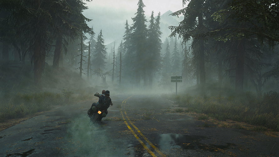 Days Gone Motorcycle Ride Through Foggy Forest Road HD wallpaper