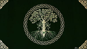 Celtic Tree of Life with Stag and Knotwork Border on Dark Green Background HD wallpaper